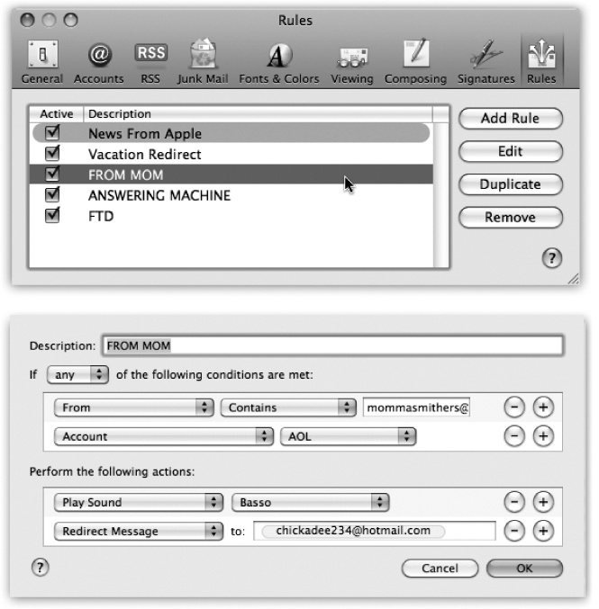 Top: Mail rules can screen out junk mail, serve as an email answering machine, or call important messages to your attention. All mail message rules you’ve created appear in this list. (The color shading for each rule is a reflection of the colorizing options you’ve set up, if any.)Bottom: Double-click a rule to open the Edit Rule dialog box, where you can specify what should set off the rule and what it should do in response.