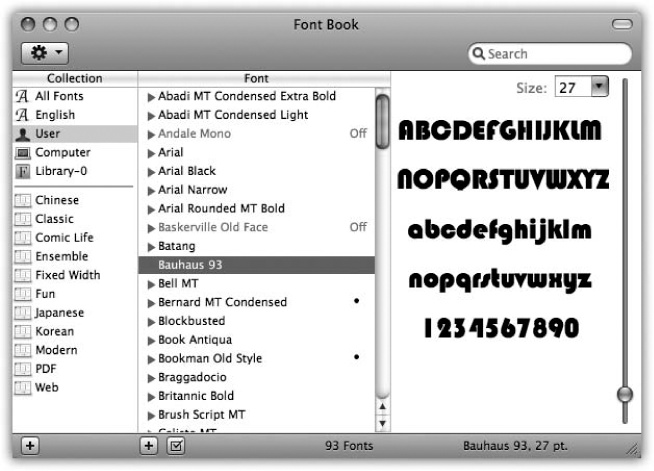 Each account holder can have a separate set of fonts; your set is represented by the User icon. You can drag fonts and font families between the various Fonts folders represented here—from your User account folder to the Computer icon, for example, making them available to all account holders.