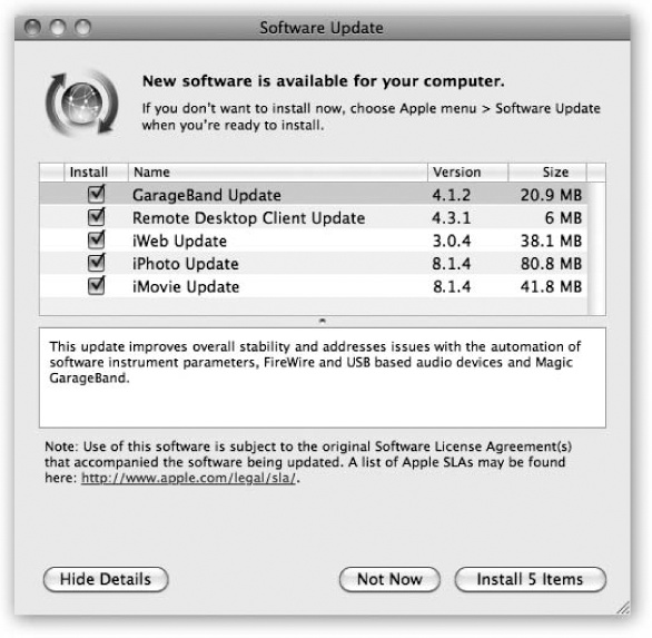 When Software Update finds an appropriate software morsel, it presents a simple message: “Software updates are available for your computer. Do you want to install them?”You could click install, if you’re the trusting short. But it’s informative to click Show Details instead.Doing so expands the box to what’s pictured here; you can click each proposed update and read about it.