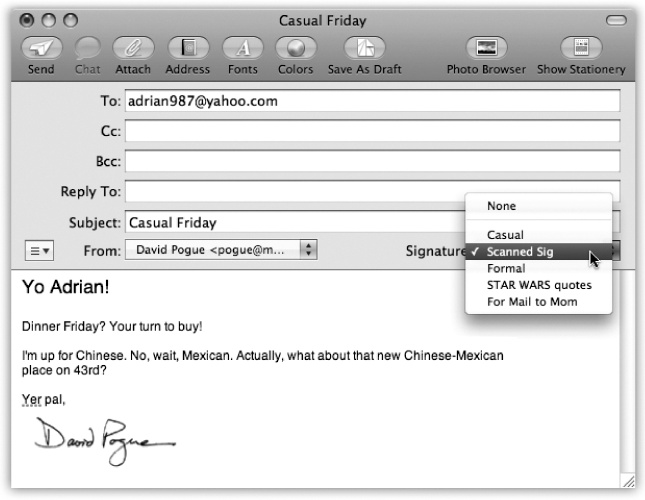 A message has two sections: the header, which holds information about the message; and the body, the big empty area that contains the message itself. In addition, the Mail window has a toolbar, which offers features for composing and sending messages. The Signature pop-up menu doesn’t exist until you create a signature; the Account pop-up menu lets you pick which email address you’d like to send the message from (if you have more than one email address).