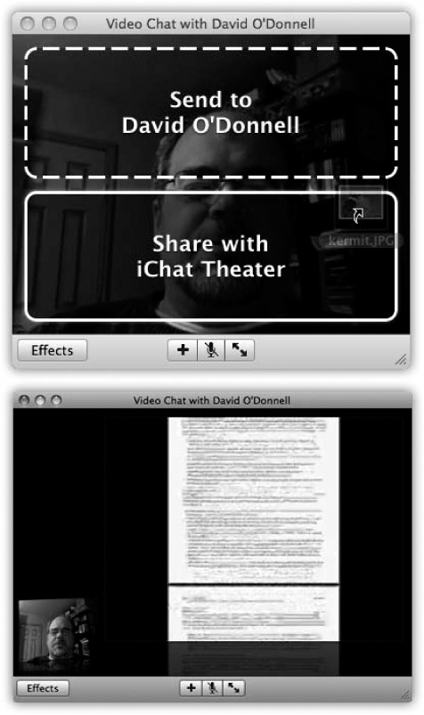 Top: You can start an iChat Theater session by choosing File→Share a File with iChat Theater, or as shown here, by simply dropping the file on an open video chat window and going for the iChat Theater option.Bottom: Once you’ve started a Theater show in Chat, the shared file takes center stage so you both can look at it and discuss amongst yourselves.