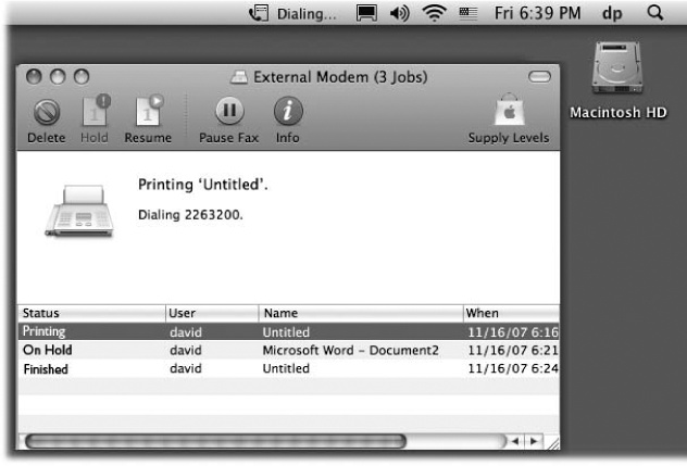 The Fax menulet (top) says “Dialing…Connecting…” and so on. Click to see the Hang Up Now command. The Fax queue shows the faxes that are currently sending or scheduled to go out later. To see which documents you’ve successfully sent, and when they went out, choose Jobs→Show Complete Jobs.