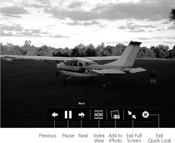Once the slideshow is underway, you can use this control bar. It lets you pause the slideshow, move forward or backward manually, enlarge the current “slide” to fill the screen, or end the show. (The iPhoto button appears only when displaying photos.) The Index view is especially handy. (You can press ⌘-Return to “click” the Index View button.) It displays an array of labeled miniatures, all at once—a sort of Exposé for Quick Look. Click a thumb-nail to jump directly to the Quick Look document you want to inspect.