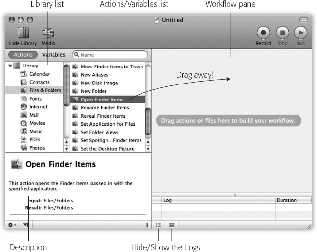 Automator’s screen design comes in big slices: a Library list at left, individual Actions in the middle, and the actual workflow-building area at the right.