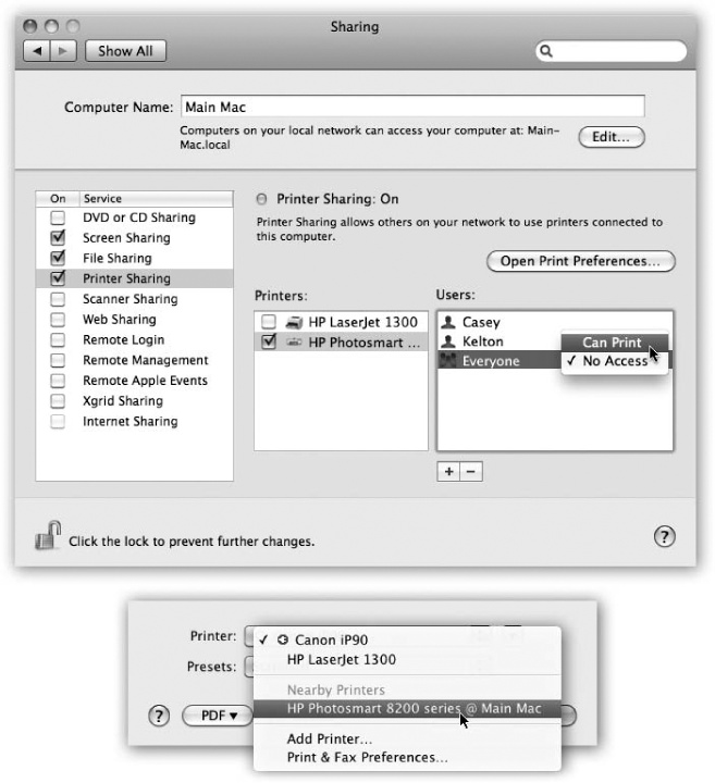 Top: On the Mac with the printer, open the Sharing panel of System Preferences. Turn on Printer Sharing, and turn on the checkboxes for the printers you want to share. Switch to the Print & Fax pane, and turn on the “Share this printer” checkbox for the printer(s) you want to share.Bottom: To use a shared printer elsewhere on the network, open the document you want to print, and then choose File→Print. In the Print dialog box, the shared printer is clearly identified under the Nearby Printers heading.