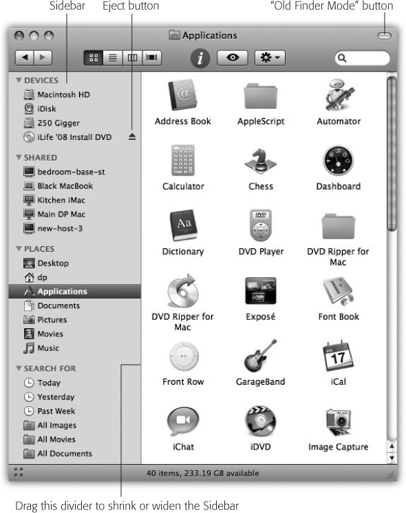 The Sidebar makes navigation very quick, because you can jump back and forth between distant corners of your Mac with a single click. In column view, the Sidebar is especially handy because it eliminates all the columns to the left of the one you want, all the way back to your hard-drive level. You’ve just folded up your desktop!Good things to put here: favorite programs, disks on a network you often connect to, a document you’re working on every day, and so on. Folder and disk icons here work just like normal ones. You can drag a document onto a folder icon to file it there, drag a downloaded .sit file onto the StuffIt Expander icon, and so on. In fact, the disks and folders here are even spring-loaded (page 77).