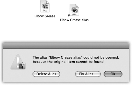 Top: You can identify an alias by the tiny arrow badge on the lower-left corner. (Longtime Mac fans should note that the name no longer appears in italics.)Bottom: If the alias can’t find the original file, you’re offered the chance to hook it up to a different file.