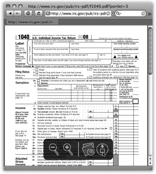 If you’re having trouble reading the tiny type in a PDF, hover your mouse at the bottom of it to invoke Safari’s PDF toolbar. You can zoom out, zoom in, open the file in the Mac’s Preview program, or even download it from the Web site with a well-placed click.