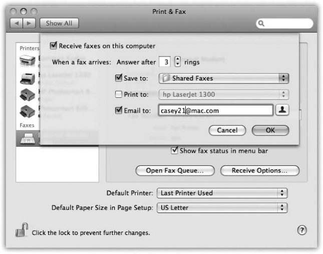 When your Mac answers the fax line, it can do three things with the incoming fax. Option 1: Save it as a PDF file that you open with Preview. (The Mac proposes saving these files into the Users→ Shared→Shared Faxes folder, but you can set up a more convenient folder.) Option 2: Print it out automatically, just like a real fax machine. Option 3: Email it to you, so you can get your faxes even when you’re not home (and so you can forward the fax easily).