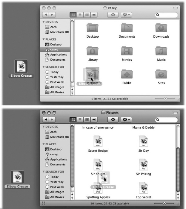 Top: To make spring-loaded folders work, start by dragging an icon onto a folder or disk icon. Don’t release the mouse button. Wait for the window to open automatically around your cursor.Bottom: Now you can either let go of the mouse button to release the file in its new window or drag it onto yet another, inner folder. It, too, will open. As long as you don’t release the mouse button, you can continue until you’ve reached your folder-within-a-folder destination.