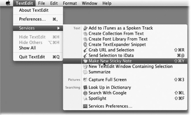 The new, improved Services menu has several improvements over the old one. First, each command has a tiny icon to help you distinguish it. Second, the commands are grouped by category of function. Third, whatever keyboard shortcuts you’ve established appear right in the menu to remind you. Fourth, they’re available from the shortcut menus and the menu in the Finder, too.