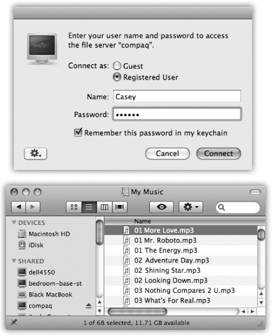 Top: The PC wants to make sure you’re authorized to visit it. If the terminology here seems a bit geeky by Apple standards, no wonder—this is Microsoft Windows’ lingo you’re seeing, not Apple’s. Fortunately, you see this box only the very first time you access a certain Windows folder or disk; after that, you see only the box shown below.Bottom: Here, you see a list of shared folders on the PC. Choose the one you want to connect to, and then click OK. Like magic, the Windows folder shows up on your Mac screen, ready to use!