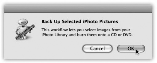 The explanatory dialog box from the iPhoto Backup workflow. Making the dialog box appear is optional, but it’s helpful if you come back to your workflow in a few months and forget what it’s supposed to do.