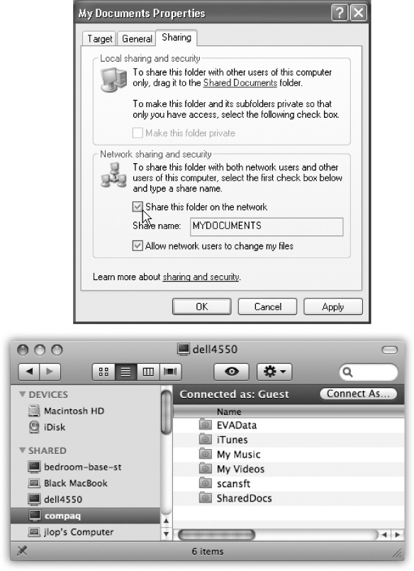 Top: To share a folder in Windows, right-click it, choose Properties, and then turn on “Share this folder on the network.” In the “Share name” box, type a name for the folder as it will appear on the network. (No spaces are allowed).Bottom: Back in the safety of Mac OS X, click the PC’s name in the Sidebar. (If it’s part of a workgroup, click All, and then your workgroup name first. And if you still don’t see the PC’s name, see the box on the next page.)Next, click the name of the shared computer. If the files you need are in a Shared Documents or Public folder, no password is required. You see the contents of the PC’s Shared Documents folder or Public folder, as shown here. Now it’s just like file sharing with another Mac.If you want access to any other shared folder, click Connect As, and see Figure 13-13.