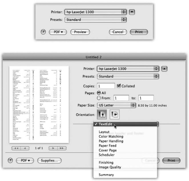 Top: Most of the time, all you want is one darned copy of what’s on your screen. So the standard Print dialog box is spartan indeed.Bottom: When you expand the box, you get a new world of options, including a preview you can page through. The options here depend on the printer model. On the Layout pane, you can save paper by choosing a higher number from the Pages per Sheet pop-up menu.