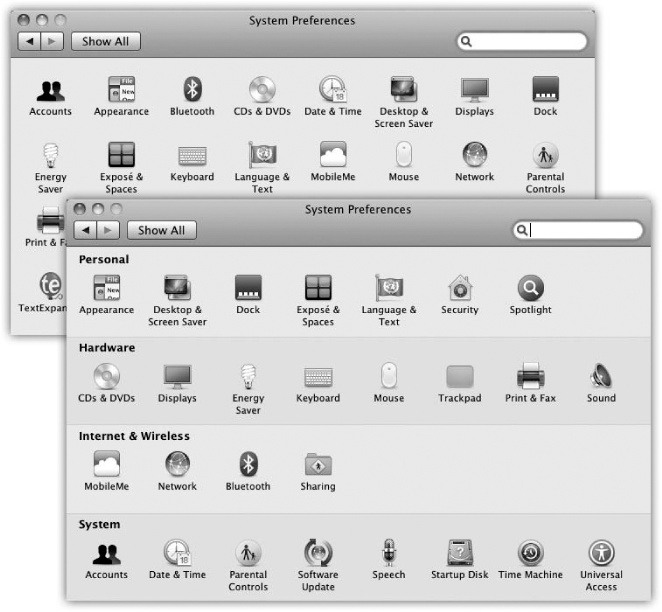 You can view your System Preferences icons alphabetically (top), rather than in rows of arbitrary categories (bottom); just choose View→Organize Alphabetically. This approach not only saves space, but also makes finding a certain panel much easier, because you don’t need to worry about which category it’s in.