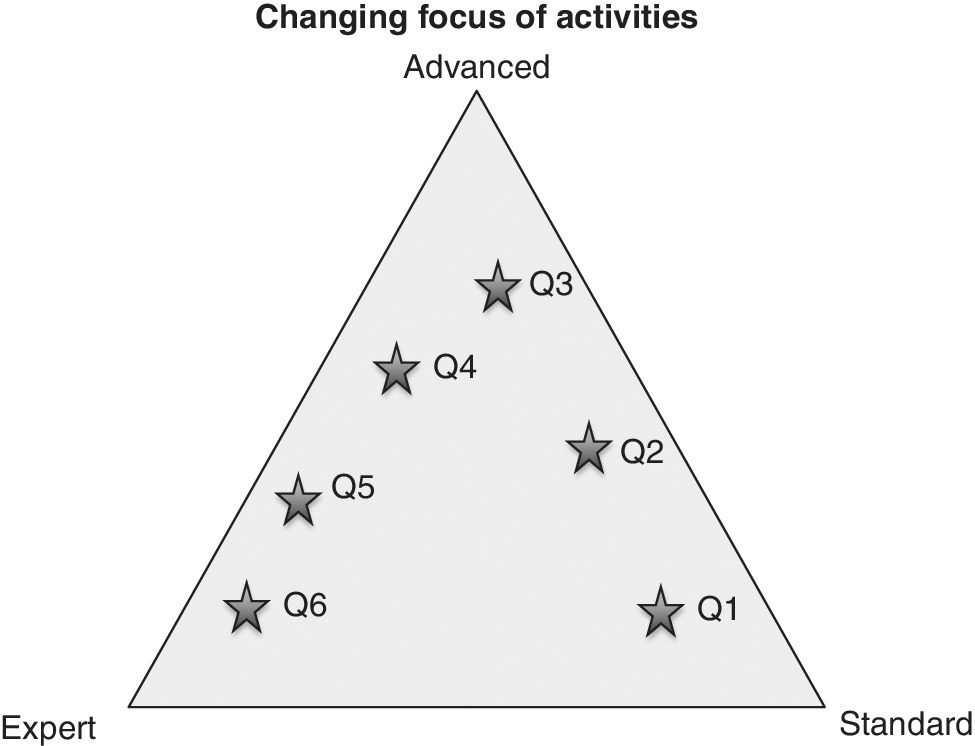 Ternary diagram displaying a triangle with vertices labeled expert, advanced, and standard and with 6 stars inside labeled Q1, Q2, Q3, Q4, Q5, and Q6.