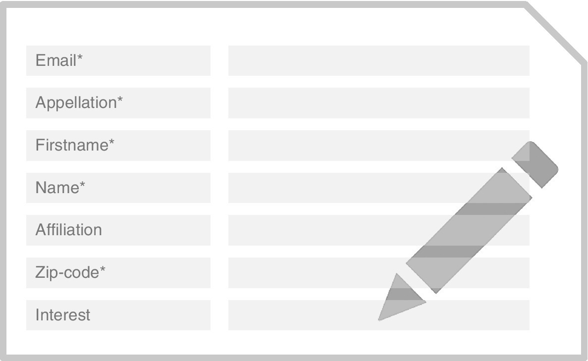 Typical data request form, displaying fields for Email*, Appellation*, Firstname*, Name*, Affiliation, Zip-code*, and Interest with a pencil icon at bottom right.