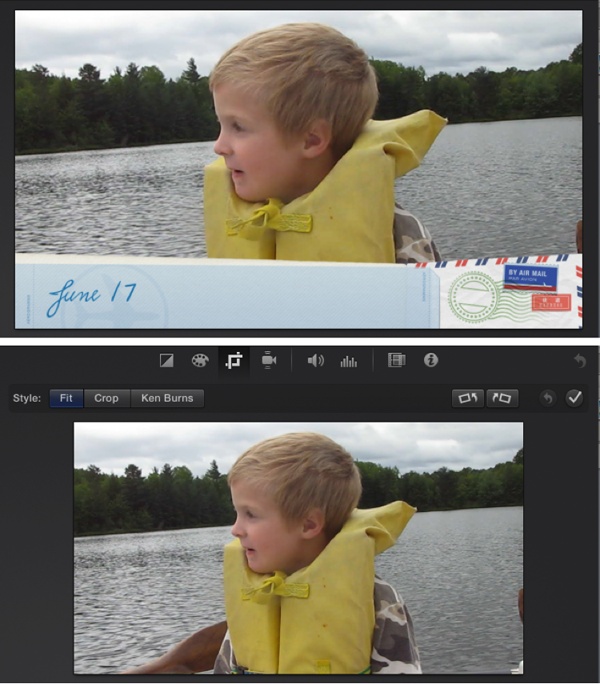 The Viewer’s two states.Top: This is the simple version, where you see the video clip you’re working on.Bottom: This is the “adjustments” version, where you can do things like change color, crop the frame, and add audio effects. (You call up these tools by clicking the Adjust button above the Viewer window; see Figure 1-3.)