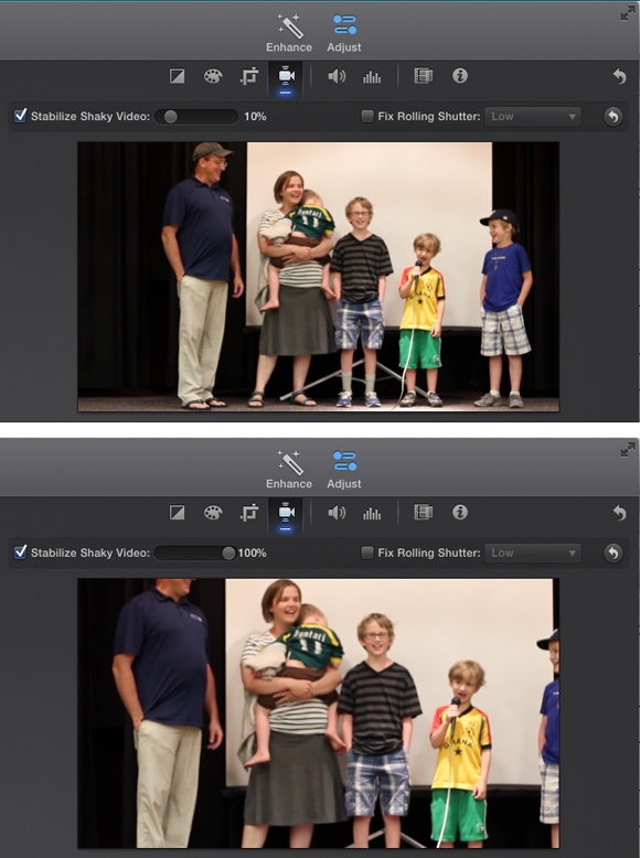 Top: This clip has the stabilizing zoom set to 10%, so the video will be shakier, but you can see everyone.Bottom: This clip is zoomed 100% for the full stabilizing effect, but you’ve lost half a head and almost an entire 10-year-old.