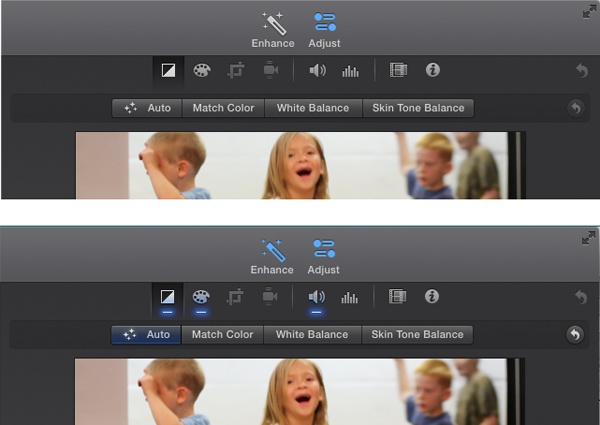 When you click the Enhance tool, iMovie applies changes to the color balance, exposure, color temperature, and audio noise of a clip so that it looks and sounds its very best.Top: Before you click Enhance, none of the tools in the Adjust menu show any changes.Bottom: Once you turn on Enhance, iMovie automatically lights up all the relevant Adjust tools to show you that it applied changes to your footage.