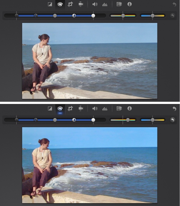 Top: The wrong lighting or weather can make your footage appear washed out.Bottom: Dragging the saturation slider (the one in the middle) a bit to the right makes the blue sky and ocean in this clip far more vibrant.