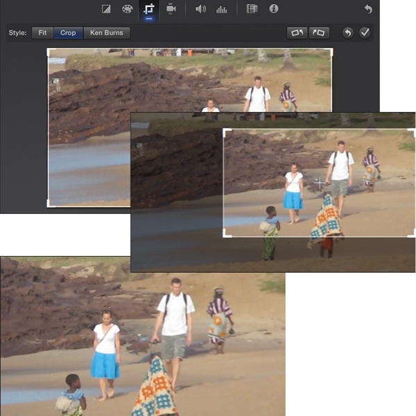 Top: Suppose you were too far from your subject, or your zoom wasn’t powerful enough to catch the action.Middle: Use the Cropping tool to adjust the white rectangle so that it encloses the portion of the video you want to keep.Bottom: After you crop, the smaller portion of the frame expands to fill the entire frame. You lose some resolution, but you won’t notice any graininess unless you crop out a lot of the original image.