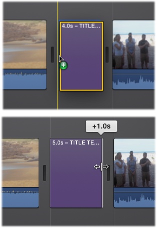 Top: If you drag a title between two clips, iMovie creates a title-clip hybrid and displays the title over a basic black background.Bottom: You can adjust the title’s time onscreen by dragging its ends.