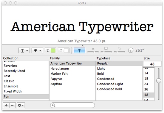 The OS X system fonts offer elaborate control over the color, shadow, and underline style of a title’s text. If all you see is the font preview, grab the tiny bubble on the line below the preview and drag it upward. What if all you can see is the font list, but no preview? To get that, choose Show Preview from the drop-down menu at the bottom-left of the panel. Or use the mousy way: Place your cursor just above the headings (Collection, Family, and so on) and then drag downward.