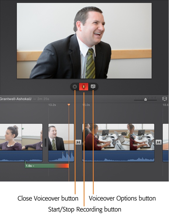 Choose Window→Record Voiceover (or press V on the keyboard) to narrate a clip. The voiceover tool (pictured) appears in the Viewer. When you press the microphone button to start recording, you get a brief countdown followed by a growing, burning-red audio clip that cools to green as you continue talking. Speak clearly into the mic, and then click the microphone button again to stop recording.