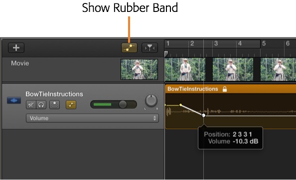 To call up the rubber-band tool in GarageBand, click the button marked here. Drag any point on the graph to make the volume rise or fall. Double-click to add a control point for volume changes, then drag that point to raise or lower the volume.