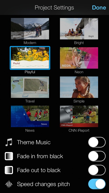 You can choose from eight themes in iMovie for iOS, and lucky for you the choice isn’t permanent. Use this menu to change to a new theme whenever it strikes your fancy.