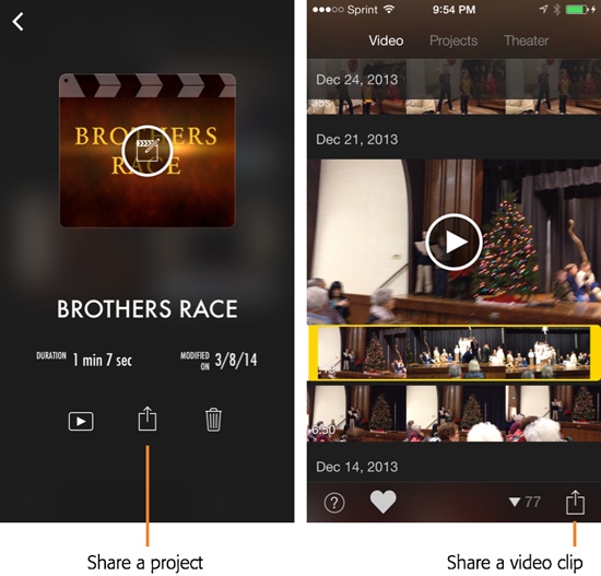 Left: Share a project (movie or trailer) from the Project Info screen using the Share button (the rectangle with an arrow sticking out of it).Right: Share a clip from your video library by selecting it and using the same button.