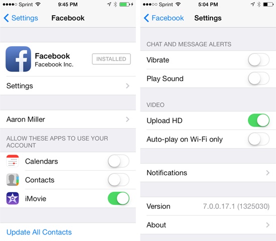 Left: In your Settings app, make sure you allow iMovie to use your Facebook account. If iMovie is not in this list, try to share a movie to Facebook—when you do, iMovie asks your permission to talk to Facebook from here on.Right: Tap Settings (under the Facebook logo). Turn on Upload HD if you have a speedy data connection, one that can handle large files.