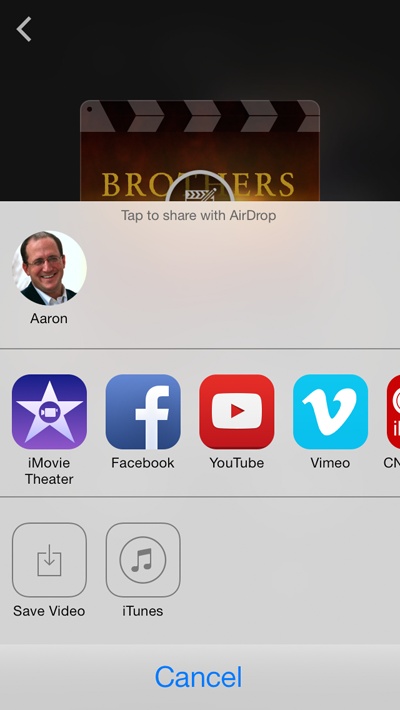 When you have your devices set up right for an AirDrop share, your friend should show up on the Share screen in place of the AirDrop logo. Tap his picture to transmit your movie.