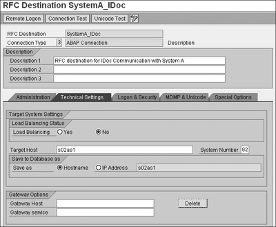 Figure 3.26 RFC Connection for the IDoc Adapter — Technical Settings