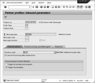 Figure 4.29 Inbound Parameters of the Partner Agreement in System B