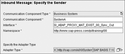 Figure 4.53 Settings of the Sender in the Configuration Wizard of the ABAP-Proxy-to-SOAP Exercise