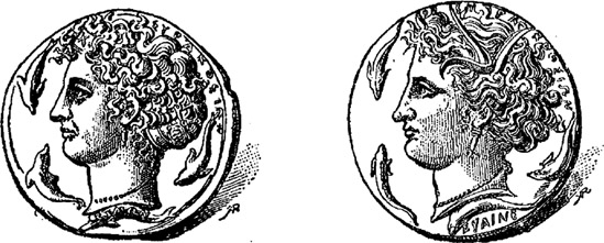 Fig. 8. COINS OF SYRACUSE, SIGNED CIMON AND EUæNETOS. (D.A., Figs. 5120-1.)