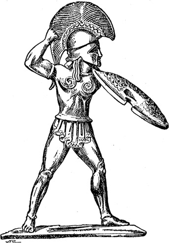 Fig. 14. WARRIOR WEARING THE CORINTHIAN HELMET. BRONZE FROM DODONE. (D.A., Fig. 3452.)