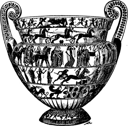 Fig. 21. THE FRANCOIS VASE. BLACK-FIGURE CRATER, SIGNED ERGOTIMOS AND CLEITIAS. (Perrot, Vol. X, Fig. 128.)