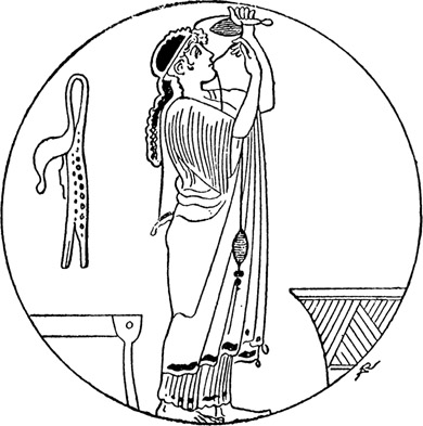 Fig. 38. SPINNING-WOMAN DRAWING OUT HER YARN. CUP FROM ORVIETO. (D.A., Fig. 3382.)