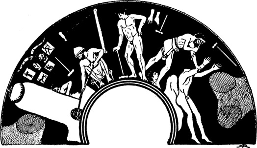 Fig. 44. BRONZE-WORKER’S STUDIO: CASTING AND PUTTING TOGETHER. ATTIC BLACK-FIGURE CUP, IN THE BERLIN MUSEUM. (Perrot, Vol. X, P. 361.)