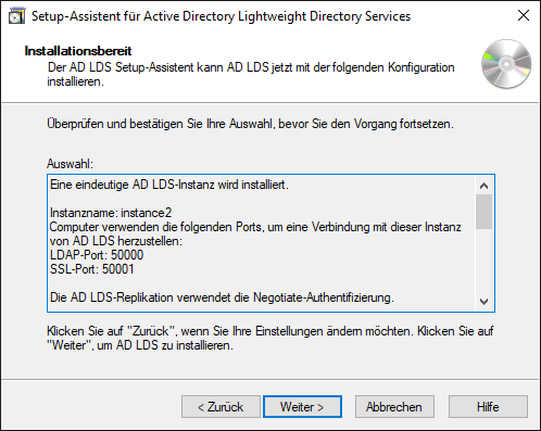 Zusammenfassung im Setup-Assistenten für eine neue AD LDS-Instanz