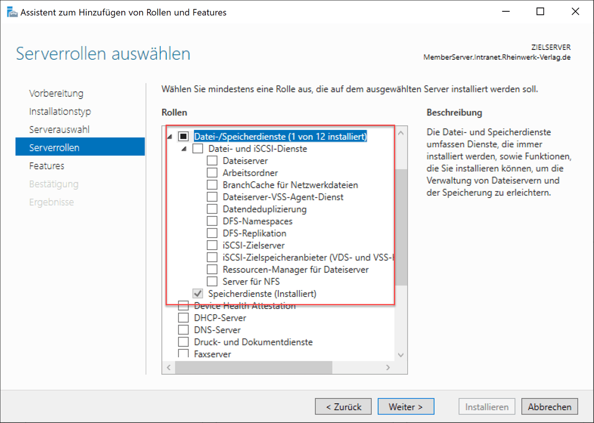 Liste der Datei-/Speicherdienste im Rolleninstallationsassistenten