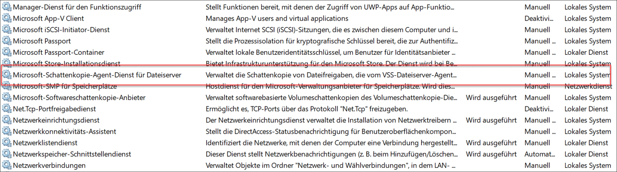 Ausschnitt aus der Liste der Dienste auf dem Windows Server 2019