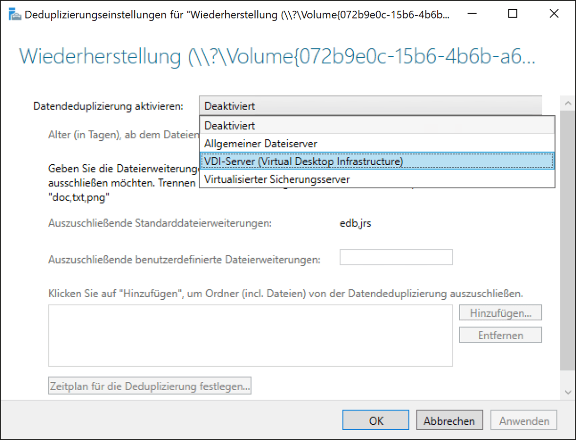 Optionen der Deduplizierung für das Volume, über den Server-Manager geöffnet