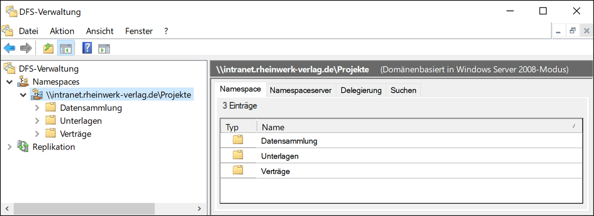 DFS-Management-Konsole mit einem DFS-Namespace namens »Projekte«