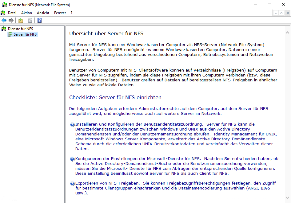 Dienste für NFS – Verwaltungskonsole