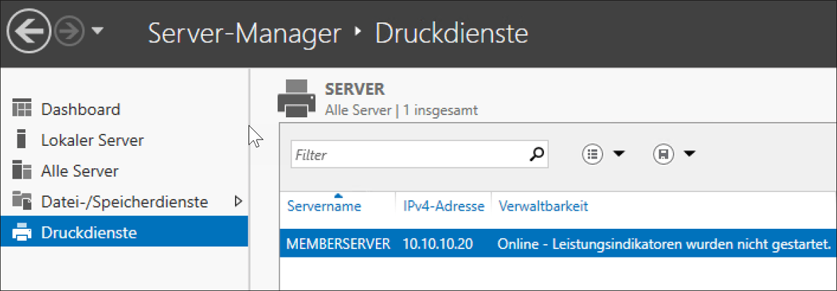 Der Menüpunkt »Druckdienste« im Server-Manager